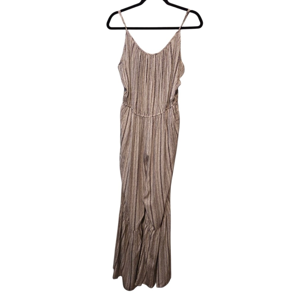 Kori America Striped Wide Leg Flared Jumpsuit MED Tan Brown Hippie Boho Cottage